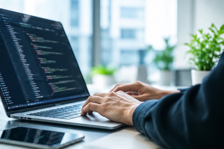 ノートパソコンでコードを確認する開発者
